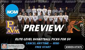 Prairie View A&M Panthers vs. Florida A&M Rattlers game preview graphic featuring both team logos, a Prairie View A&M basketball action background, and a ScoresAndStats “Preview” stats badge (February 9, 2026).