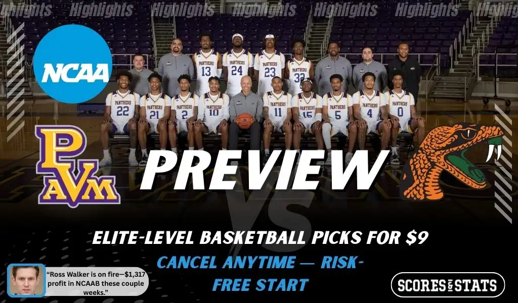 Prairie View A&M Panthers vs. Florida A&M Rattlers game preview graphic featuring both team logos, a Prairie View A&M basketball action background, and a ScoresAndStats “Preview” stats badge (February 9, 2026).