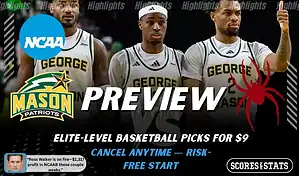 George Mason Patriots vs. Richmond Spiders game preview graphic featuring both team logos, a George Mason basketball action background, and a ScoresAndStats “Preview” stats badge (February 10, 2026).