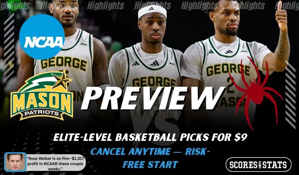 George Mason Patriots vs. Richmond Spiders game preview graphic featuring both team logos, a George Mason basketball action background, and a ScoresAndStats “Preview” stats badge (February 10, 2026).