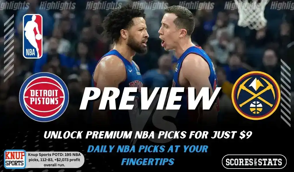 Detroit Pistons vs Denver Nuggets preview graphic with both team logos, “Picks and Predictions” label, and Detroit Pistons basketball action background (February 3, 2026).