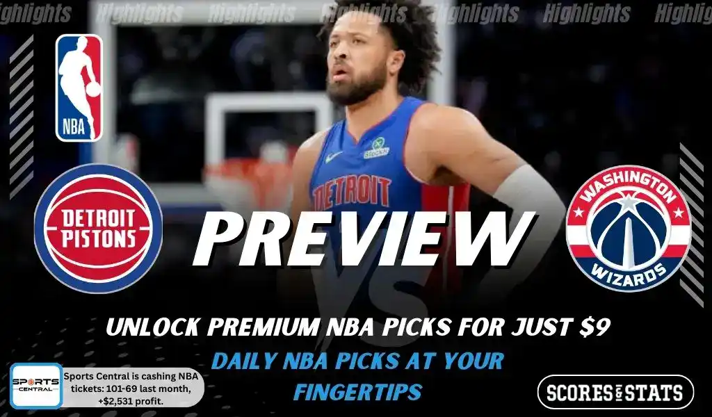 Detroit Pistons vs Washington Wizards picks and predictions preview graphic for February 5, 2026, featuring both team logos, a “Preview” stats label, and Detroit Pistons game action in the background.
