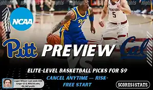 NCAAB picks and predictions preview graphic for Pittsburgh Panthers vs California Golden Bears featuring both team logos, a matchup-themed background image, and the ScoresandStats logo.