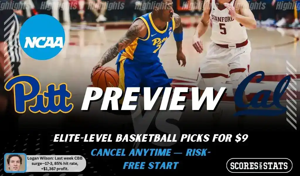 NCAAB picks and predictions preview graphic for Pittsburgh Panthers vs California Golden Bears featuring both team logos, a matchup-themed background image, and the ScoresandStats logo.