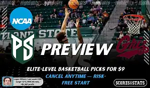 NCAAB picks and predictions preview graphic for Portland State Vikings vs Montana Grizzlies featuring both team logos, a matchup-themed background image, and the ScoresandStats logo.