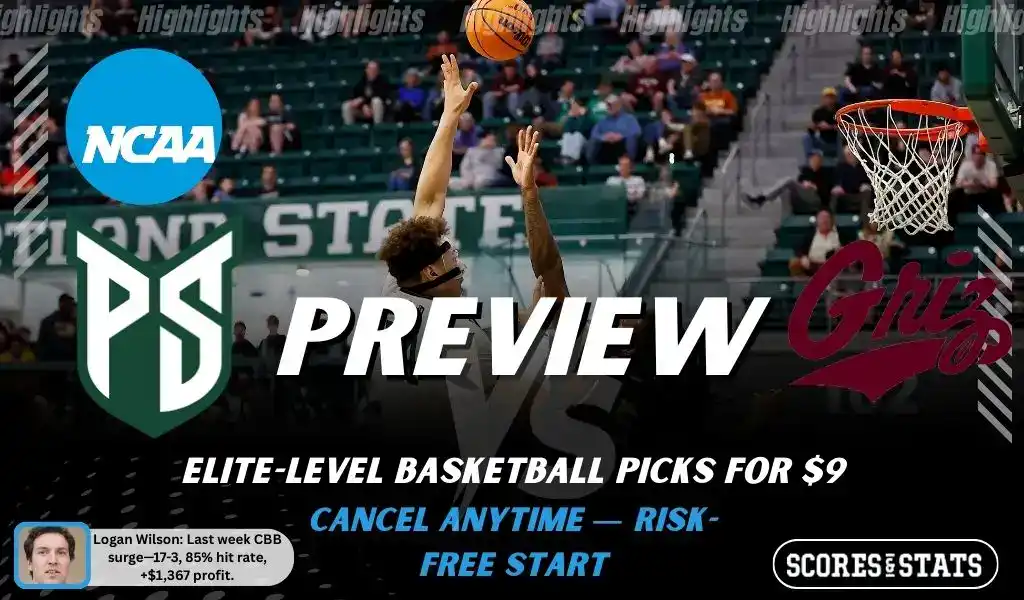 NCAAB picks and predictions preview graphic for Portland State Vikings vs Montana Grizzlies featuring both team logos, a matchup-themed background image, and the ScoresandStats logo.