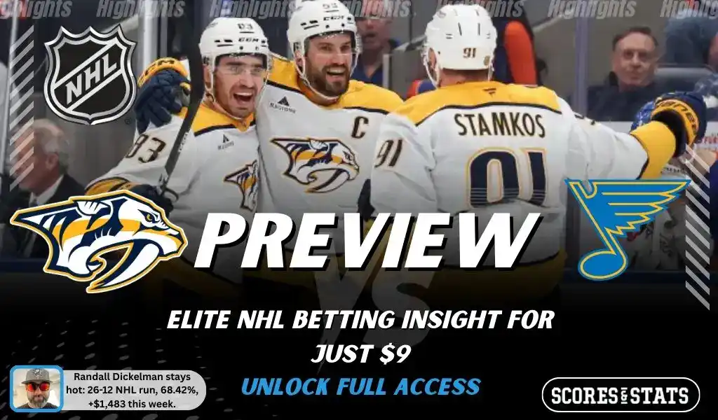 Nashville Predators vs St. Louis Blues preview graphic with both team logos, “Picks and Predictions” label, and Nashville Predators hockey action background (February 2, 2026).
