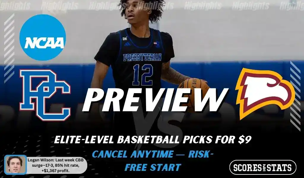 NCAAB picks and predictions preview graphic for Presbyterian Blue Hose vs Winthrop Eagles featuring both team logos, a matchup-themed background image, and the ScoresandStats logo.