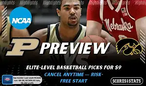 NCAAB preview graphic for Purdue Boilermakers vs Iowa Hawkeyes with both team logos, a matchup-themed background image, and the ScoresandStats logo.
