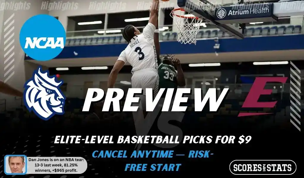 NCAAB preview graphic for Queens (NC) Royals vs Eastern Kentucky Colonels with both team logos, a matchup-themed background image, and the ScoresandStats logo.