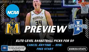 Murray State Racers vs. Indiana State Sycamores game preview graphic featuring both team logos, a Murray State basketball action background, and a ScoresAndStats “Preview” stats badge (February 12, 2026).