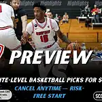 NCAAB picks and predictions preview graphic for Radford Highlanders vs Longwood Lancers featuring both team logos, a matchup-themed background image, and the ScoresandStats logo.