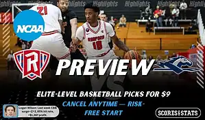 NCAAB picks and predictions preview graphic for Radford Highlanders vs Longwood Lancers featuring both team logos, a matchup-themed background image, and the ScoresandStats logo.