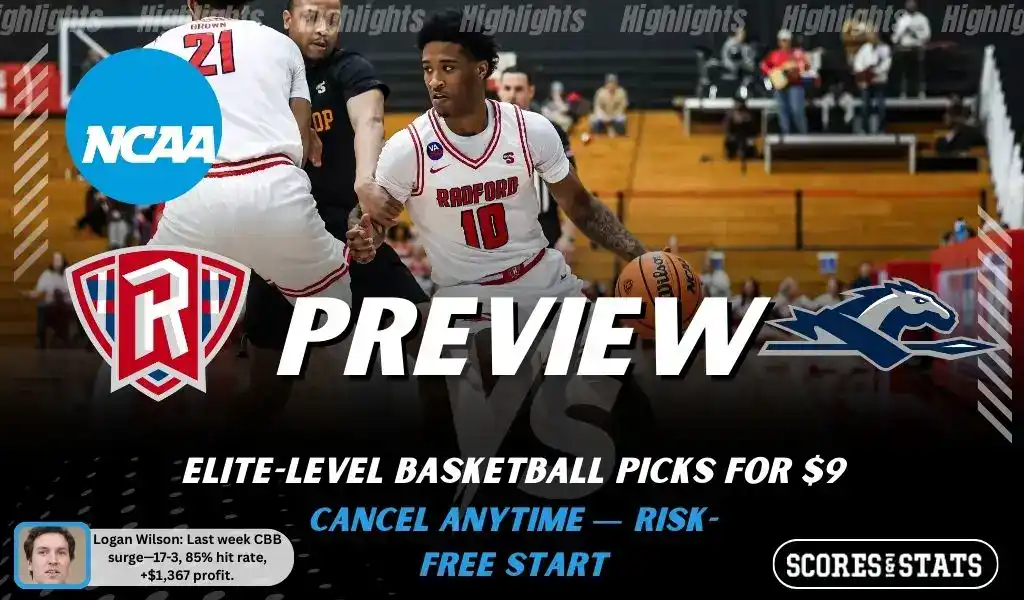 NCAAB picks and predictions preview graphic for Radford Highlanders vs Longwood Lancers featuring both team logos, a matchup-themed background image, and the ScoresandStats logo.