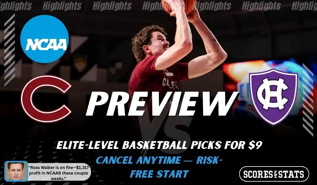 Colgate Raiders vs. Holy Cross Crusaders game preview graphic featuring both team logos, a Colgate basketball action background, and a ScoresAndStats “Preview” stats badge (February 11, 2026).