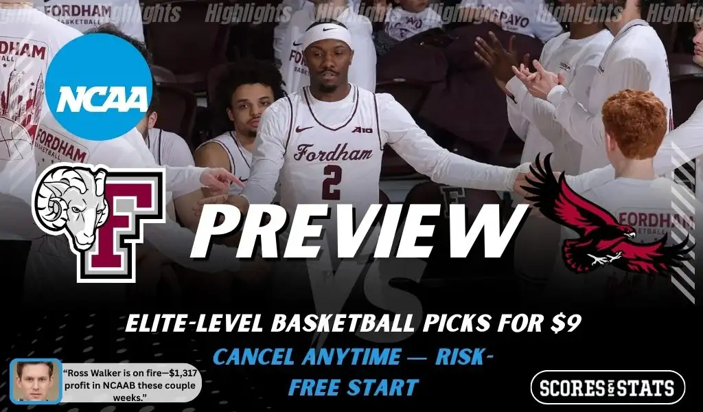 Fordham Rams vs. Saint Joseph’s Hawks game preview graphic featuring both team logos, a Fordham basketball action background, and a ScoresAndStats “Preview” stats badge (February 10, 2026).