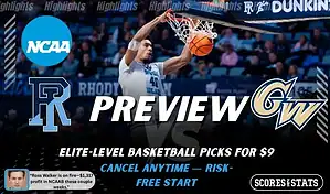 Rhode Island Rams vs. George Washington Revolutionaries game preview graphic featuring both team logos, a Rhode Island basketball action background, and a ScoresAndStats “Preview” stats badge (February 10, 2026).