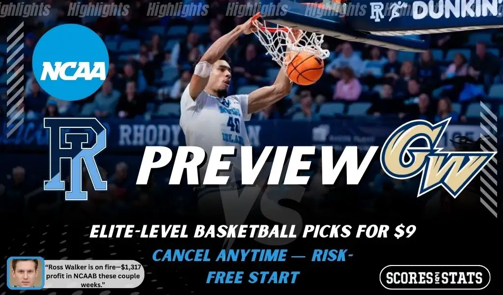 Rhode Island Rams vs. George Washington Revolutionaries game preview graphic featuring both team logos, a Rhode Island basketball action background, and a ScoresAndStats “Preview” stats badge (February 10, 2026).