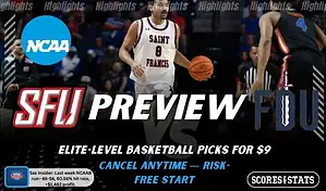 St. Francis (PA) Red Flash vs. Fairleigh Dickinson Knights game preview graphic featuring both team logos, a St. Francis (PA) basketball action background, and a ScoresAndStats “Preview” stats badge (February 12, 2026).