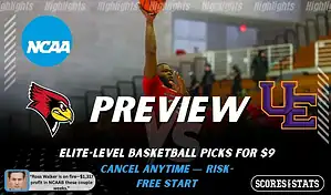 Illinois State Redbirds vs. Evansville Aces game preview graphic featuring both team logos, an Illinois State basketball action background, and a ScoresAndStats “Preview” stats badge (February 9, 2026).