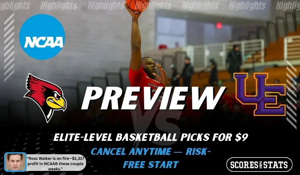 Illinois State Redbirds vs. Evansville Aces game preview graphic featuring both team logos, an Illinois State basketball action background, and a ScoresAndStats “Preview” stats badge (February 9, 2026).