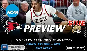 Southeast Missouri State Redhawks vs. SIUE Cougars game preview graphic featuring both team logos, a Southeast Missouri State basketball action background, and a ScoresAndStats “Preview” stats badge (February 12, 2026).