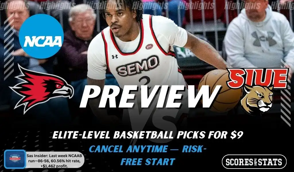 Southeast Missouri State Redhawks vs. SIUE Cougars game preview graphic featuring both team logos, a Southeast Missouri State basketball action background, and a ScoresAndStats “Preview” stats badge (February 12, 2026).