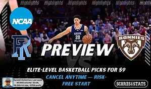 NCAAB picks and predictions preview graphic for Rhode Island Rams vs St. Bonaventure Bonnies featuring both team logos, a matchup-themed background image, and the ScoresandStats logo.