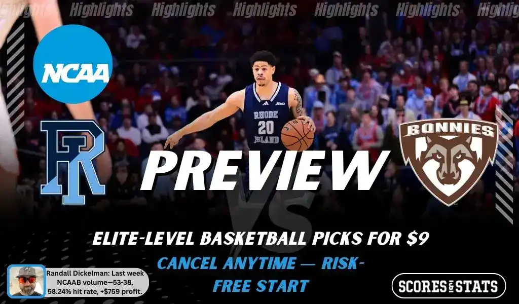 NCAAB picks and predictions preview graphic for Rhode Island Rams vs St. Bonaventure Bonnies featuring both team logos, a matchup-themed background image, and the ScoresandStats logo.