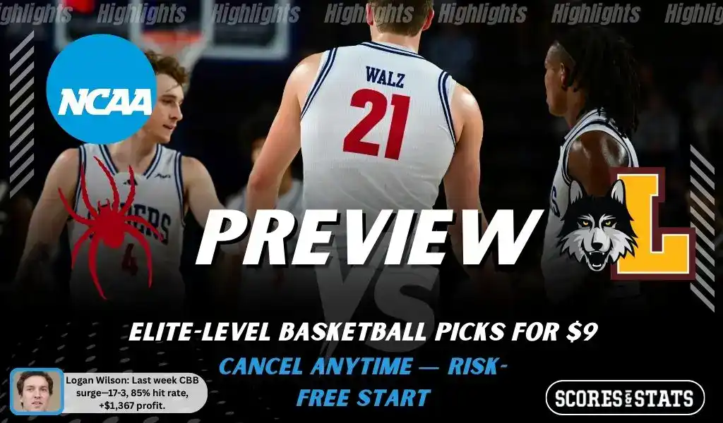 NCAAB picks and predictions preview graphic for Richmond Spiders vs Loyola Chicago Ramblers featuring both team logos, a matchup-themed background image, and the ScoresandStats logo.