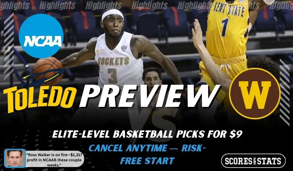 Toledo Rockets vs. Western Michigan Broncos game preview graphic featuring both team logos, a Toledo basketball action background, and a ScoresAndStats “Preview” stats badge (February 11, 2026).