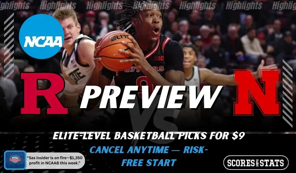 Rutgers Scarlet Knights vs Nebraska Cornhuskers picks and predictions preview graphic for February 7, 2026, featuring both team logos, a “Preview” stats label, and Rutgers basketball action in the background.