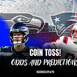 Football-themed graphic featuring Seattle Seahawks and New England Patriots players, with "Coin Toss! Odds and Predictions" text overlay.