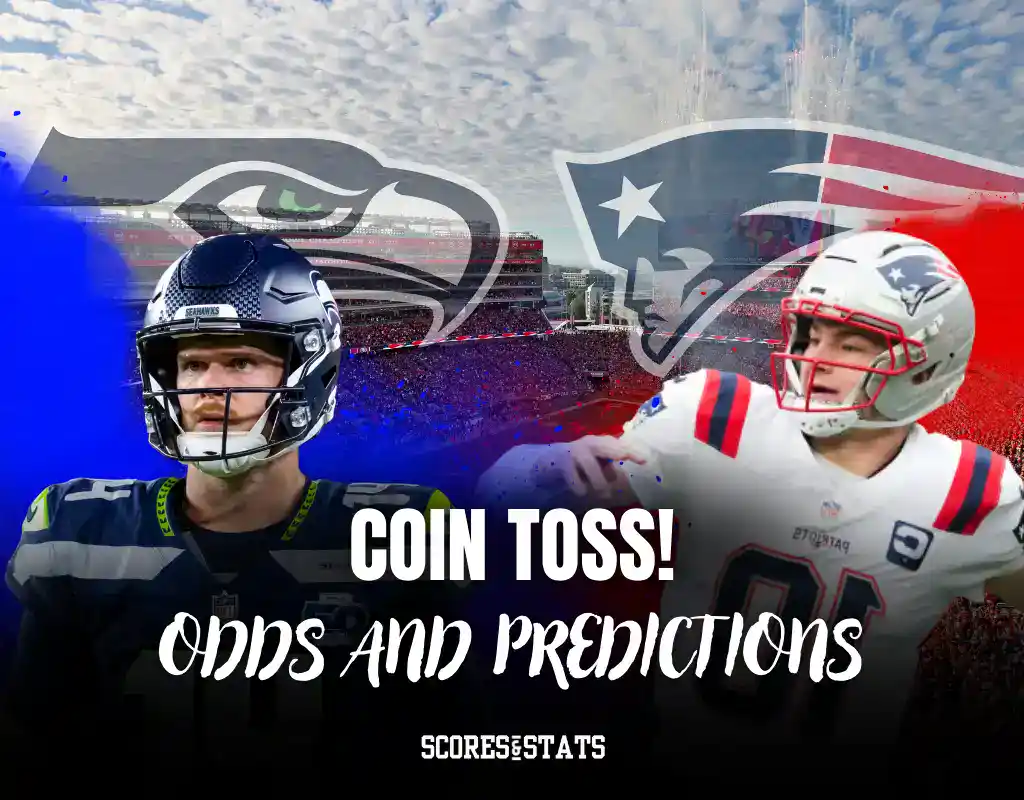 Football-themed graphic featuring Seattle Seahawks and New England Patriots players, with "Coin Toss! Odds and Predictions" text overlay.