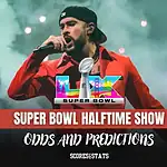 A performer in a red shirt stands on stage, surrounded by smoke, promoting the Super Bowl Halftime Show with odds and predictions.
