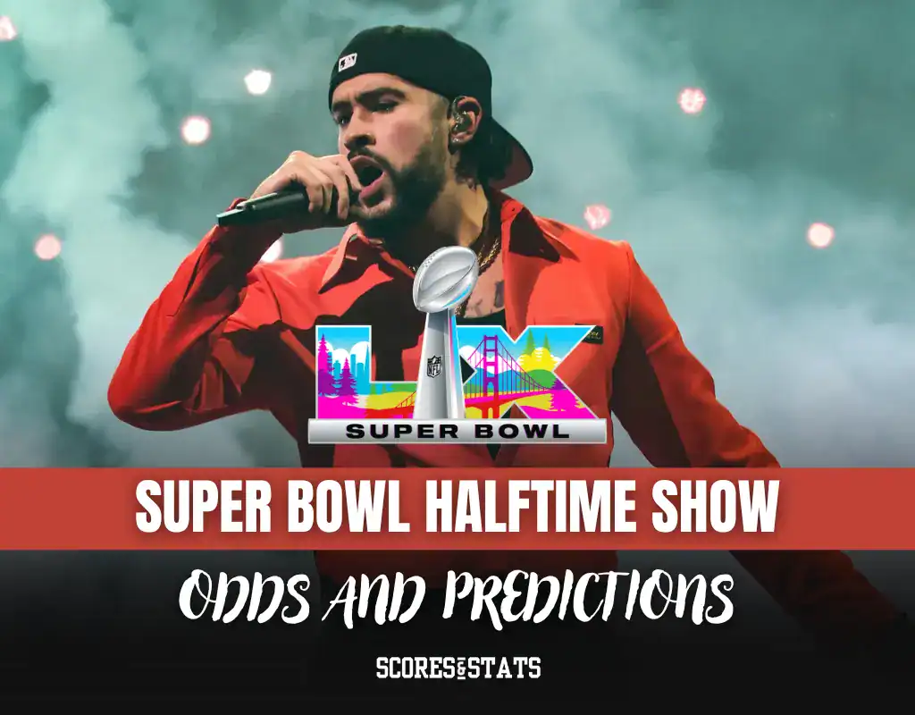 A performer in a red shirt stands on stage, surrounded by smoke, promoting the Super Bowl Halftime Show with odds and predictions.