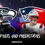 Seahawks and Patriots players featured with team logos and fireworks backdrop, highlighting prop bets and predictions.