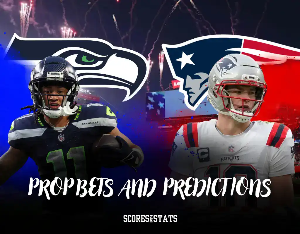 Seahawks and Patriots players featured with team logos and fireworks backdrop, highlighting prop bets and predictions.