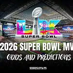 Graphic featuring the logo for Super Bowl 2026, showcasing MVP odds and predictions, set against a stadium backdrop.
