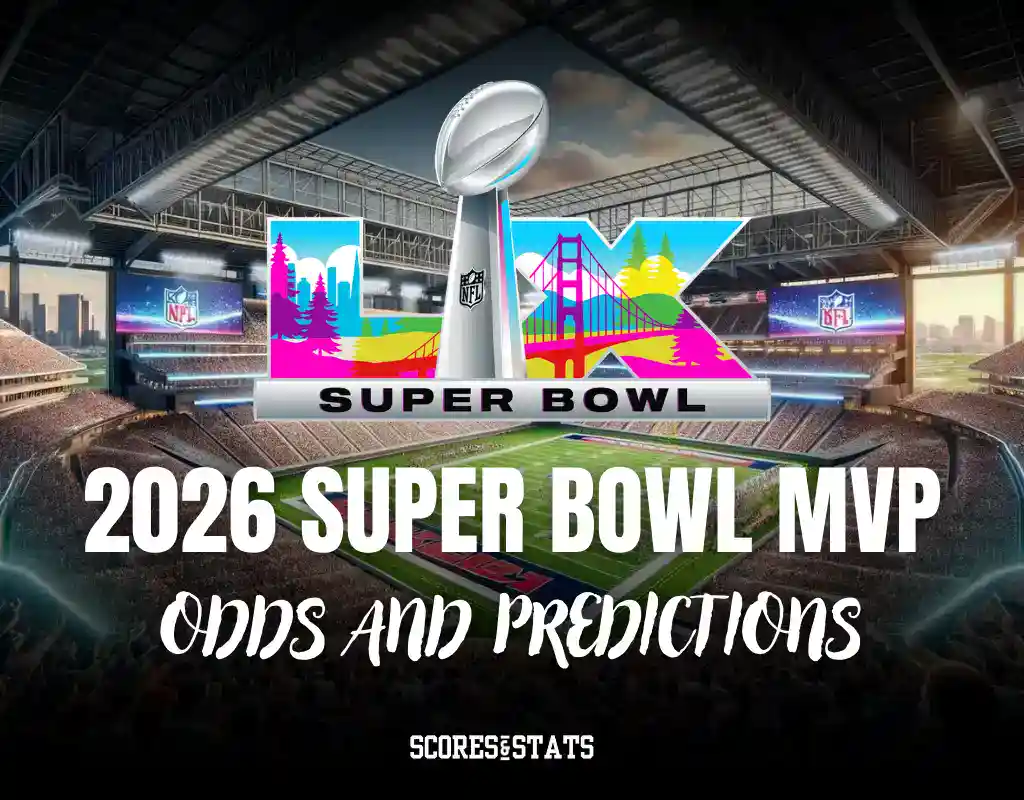 Graphic featuring the logo for Super Bowl 2026, showcasing MVP odds and predictions, set against a stadium backdrop.