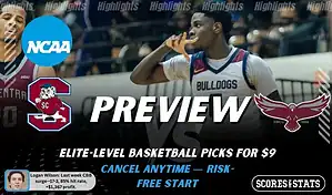NCAAB picks and predictions preview graphic for South Carolina State Bulldogs vs Maryland Eastern Shore Hawks featuring both team logos, a matchup-themed background image, and the ScoresandStats logo.