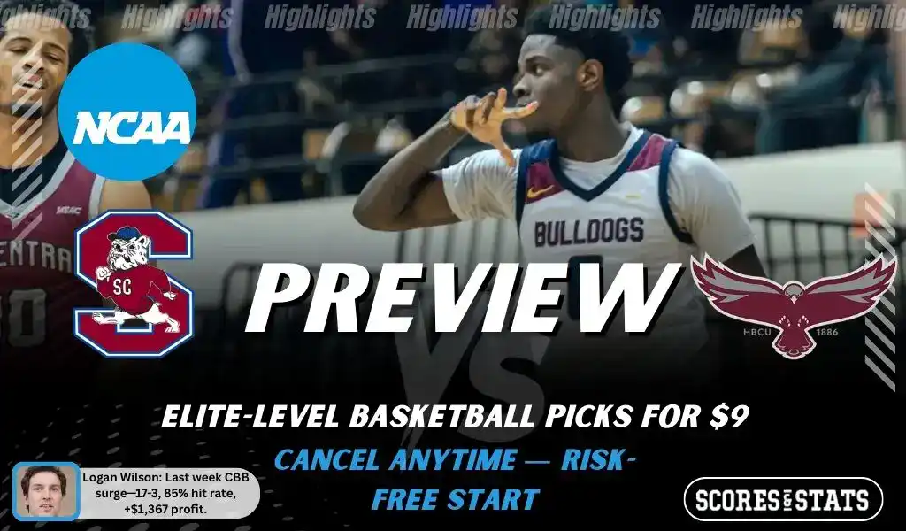 NCAAB picks and predictions preview graphic for South Carolina State Bulldogs vs Maryland Eastern Shore Hawks featuring both team logos, a matchup-themed background image, and the ScoresandStats logo.