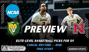 NCAAB picks and predictions preview graphic for Southeastern Louisiana Lions vs Nicholls Colonels featuring both team logos, a matchup-themed background image, and the ScoresandStats logo.
