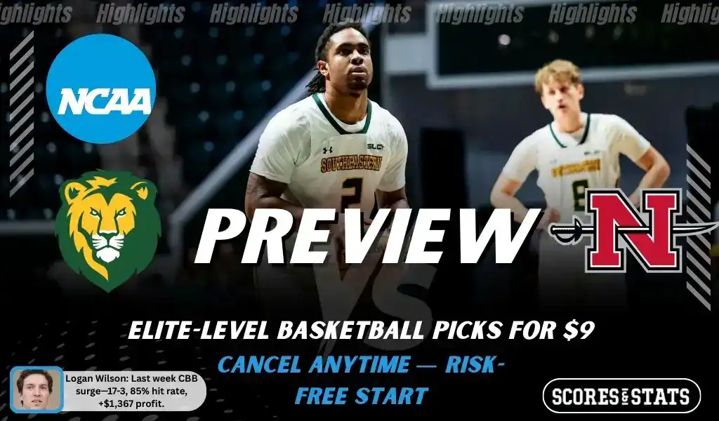 NCAAB picks and predictions preview graphic for Southeastern Louisiana Lions vs Nicholls Colonels featuring both team logos, a matchup-themed background image, and the ScoresandStats logo.
