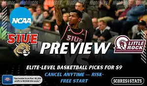 SIUE Cougars vs Little Rock Trojans picks and predictions preview graphic for February 7, 2026, featuring both team logos, a “Preview” stats label, and SIUE basketball action in the background.