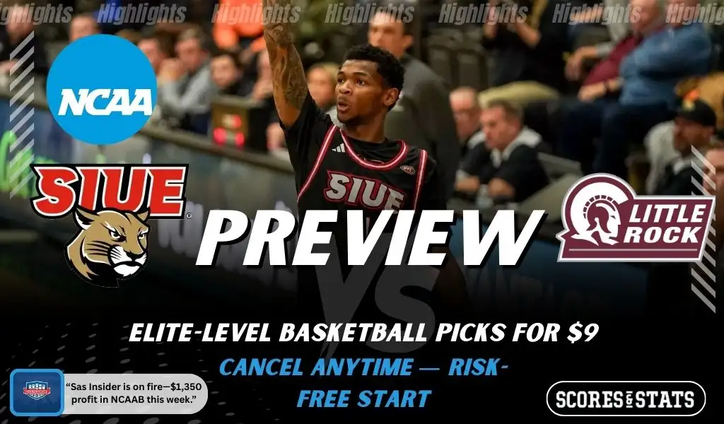 SIUE Cougars vs Little Rock Trojans picks and predictions preview graphic for February 7, 2026, featuring both team logos, a “Preview” stats label, and SIUE basketball action in the background.