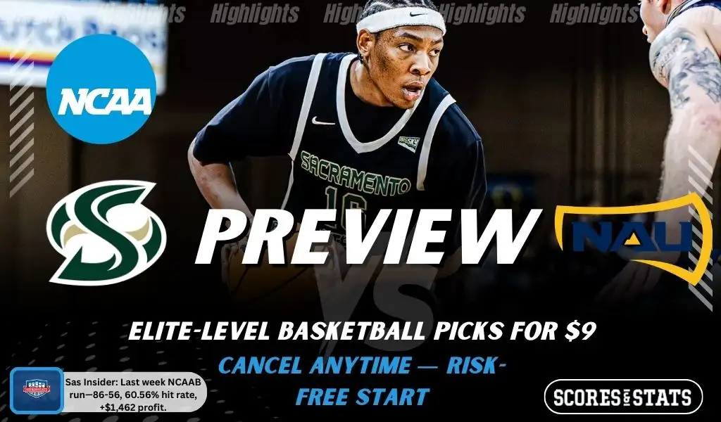 Sacramento State Hornets vs Northern Arizona Lumberjacks game preview image with both team logos, ScoresAndStats “Preview” branding, and Sacramento State basketball action background.
