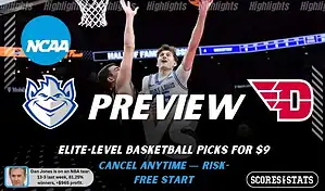NCAAB preview graphic for Saint Louis Billikens vs Dayton Flyers with both team logos, a matchup-themed background image, and the ScoresandStats logo.