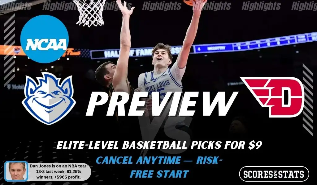 NCAAB preview graphic for Saint Louis Billikens vs Dayton Flyers with both team logos, a matchup-themed background image, and the ScoresandStats logo.