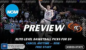 Saint Mary’s Gaels vs. Pacific Tigers game preview graphic featuring both team logos, a “Preview” stats logo, and a Saint Mary’s Gaels college basketball action photo in the background.